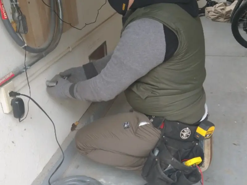 Electrician performing outlet wiring in a Herculaneum garage